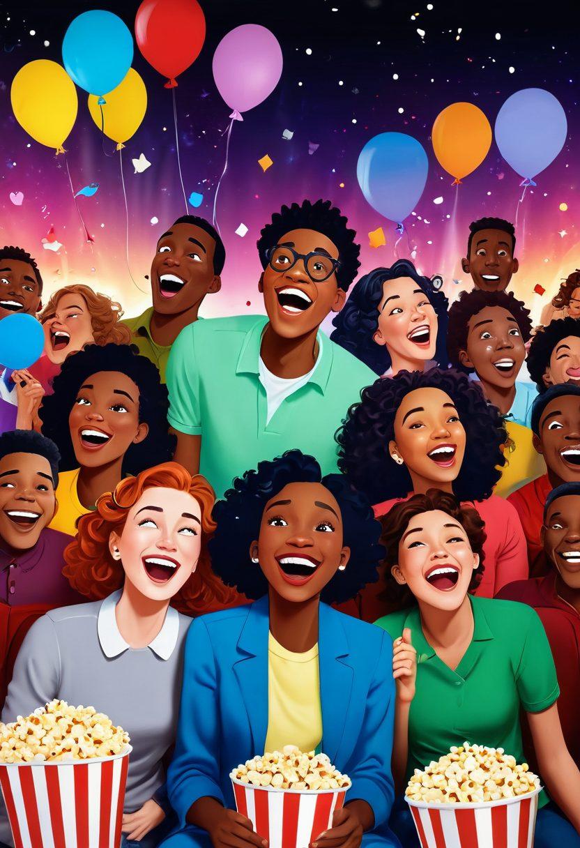 A whimsical scene showcasing a group of diverse characters in a colorful cinema hall, laughing heartily while watching a short film on the big screen. The walls adorned with movie posters of short comedies, popcorn flying in the air, and vibrant spotlights illuminating the joyful faces. Include elements that depict joy and laughter, like balloons and confetti. cartoonish style. vibrant colors. dynamic composition.