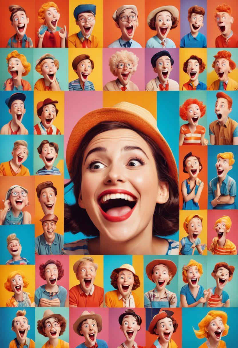 A vibrant collage of short film scenes featuring whimsical characters laughing and engaging in comedic scenarios, with bright colors and exaggerated expressions. Include a film strip in the background filled with snapshots of previously released joyful moments. The atmosphere should feel light-hearted and playful, inviting viewers to experience joy. vibrant colors. playful cartoon style. high contrast.