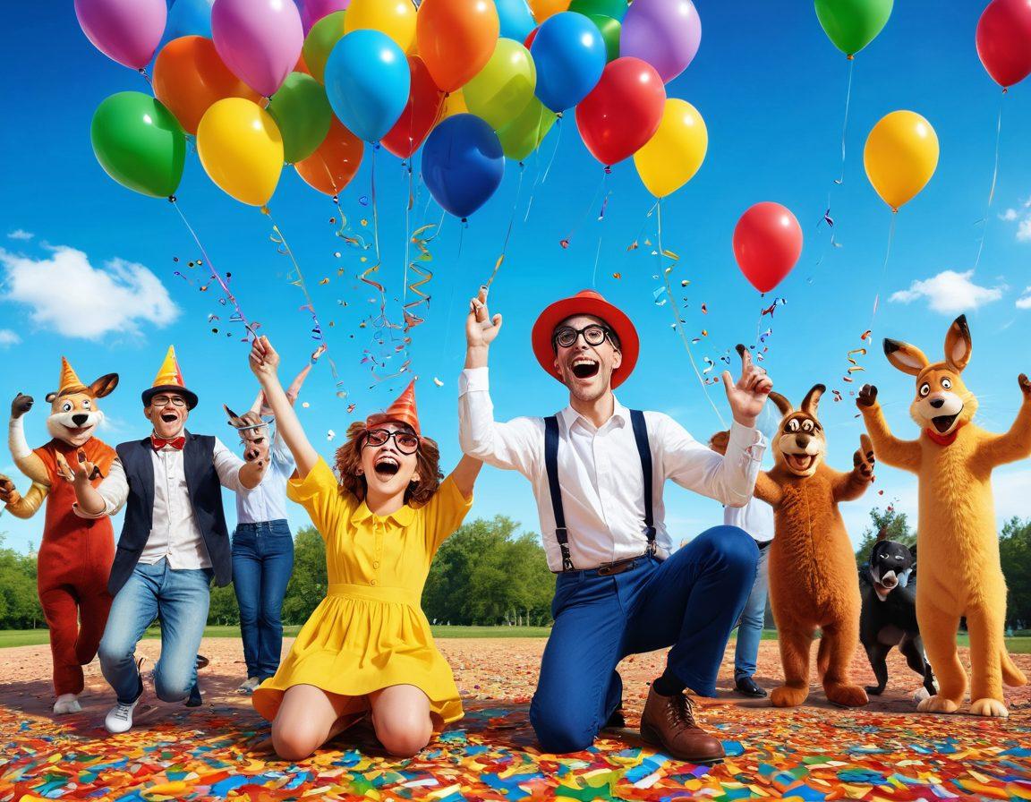A vibrant collage of humorous cartoon characters sharing laughter, balloons, and rolling on the floor in joy. The background features a bright sunny sky with colorful confetti falling down. Include funny props like oversized glasses, comical hats, and playful animal companions. Emphasis on smiles and a sense of lightheartedness. cartoon style. vibrant colors. whimsical.